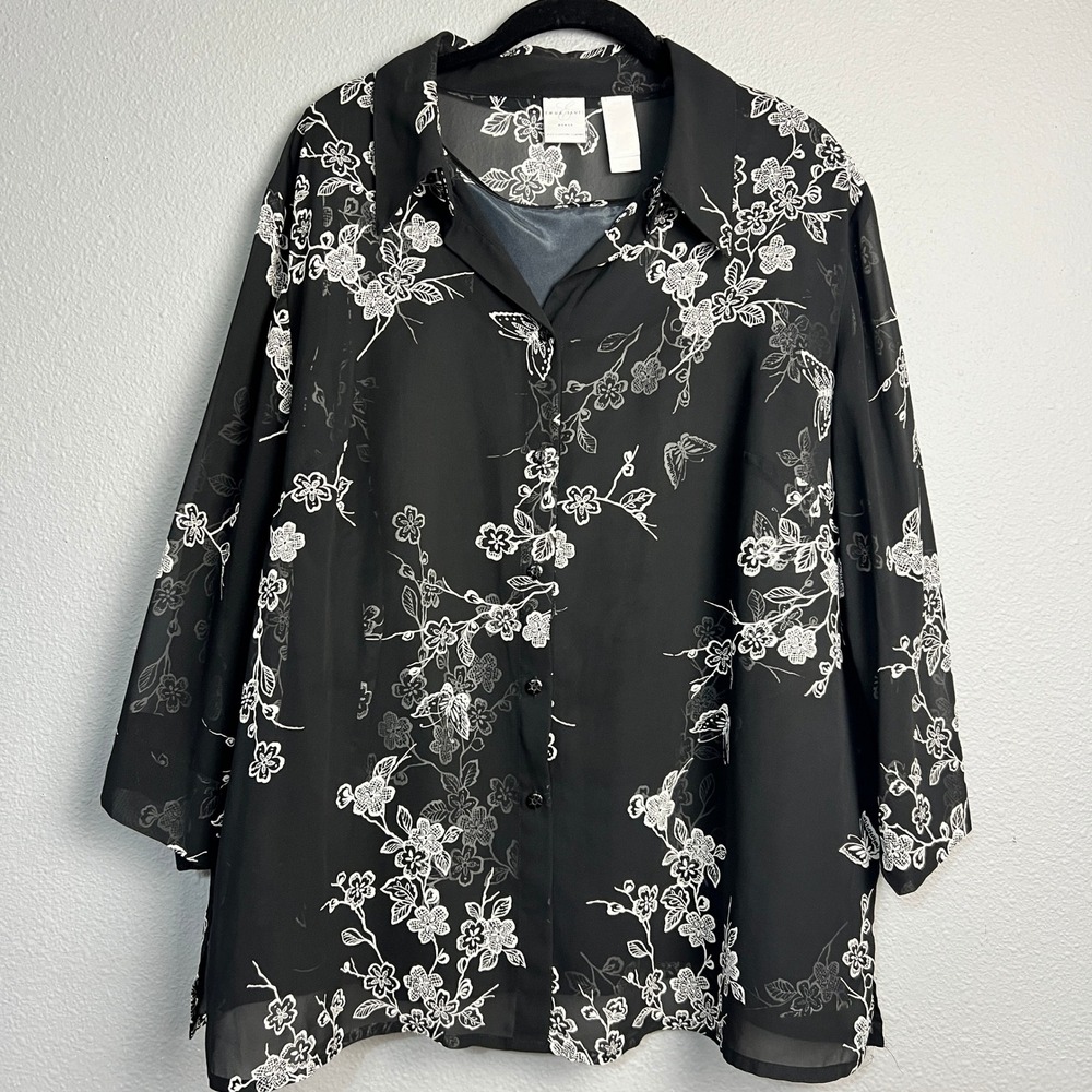 Emma James Floral Blouse Tank Top Set Sheer Overlay Button Front Black White 20W